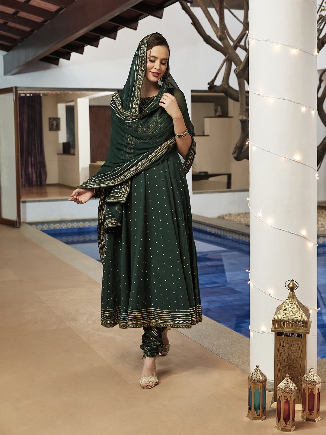 Buy New Jaipur International Kurti Set for Women | Leheriya Green Kurta,  Dupatta & Afgani Set | 3 Pics Kurta Set for Girls | M at Amazon.in